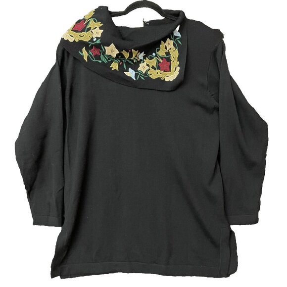 Worlds Apart Tops - Apart Fashion Sweater Knitted Black Floral Embroidered Neck Size 2XL Women